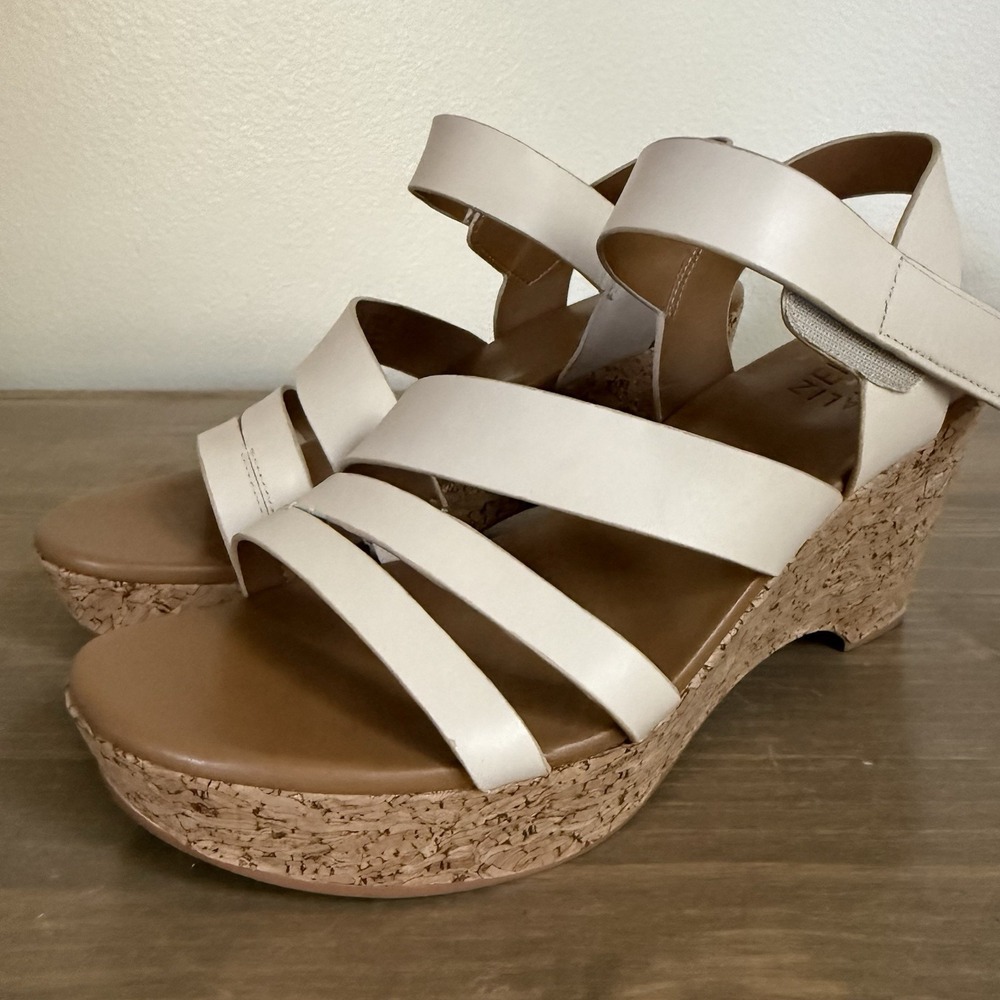 Naturalizer Womens 9M Ivory White Cynthia Leather Cork Sole‎ Wedge Sandals